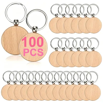 Produktbild von Holz-Schlüsselanhänger - Runde Schlüsselanhänger-Rohlinge - Unbehandeltes Buchenholz - Metallringe - 100 Stück - Natur - Zum DIY-Gravieren