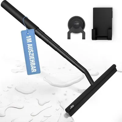 Produktbild von Famanu Duschabzieher Schwarz, ausziehbar, 23,5-97 cm, mit Halter