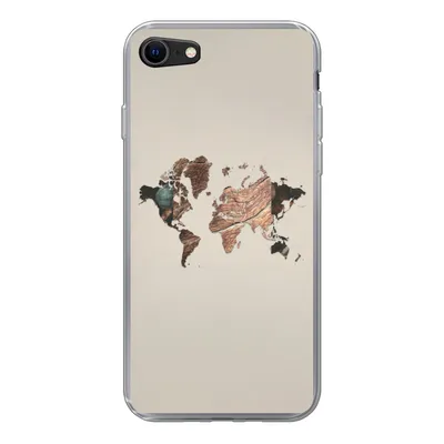 Produktbild von MuchoWow® Handyhülle Schutzhülle Hülle für iPhone SE 2022 Weltkarte - Holz - Braun Silikon Softcase Handy Hülle - Schutzhülle