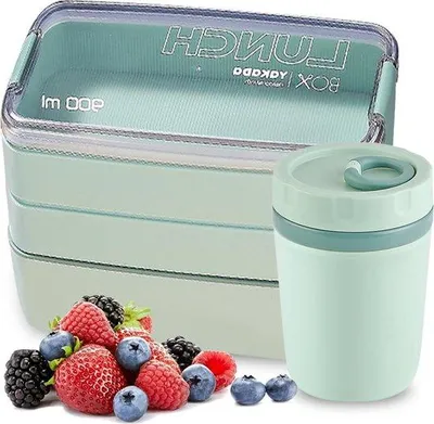 Produktbild von Famanu Lunchbox mit 3 Fächern und Besteck - stapelbare Brotdose für Kinder und Erwachsene