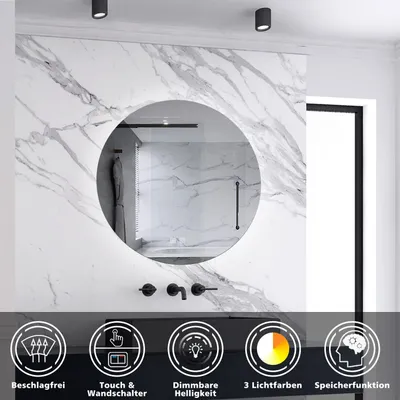 Produktbild von AICA Rund Badspiegel 50cm LED Wandspiegel mit Touch/Wandschalter Beschlagfrei 3 Lichtfarbe+Dimmbar Badezimmerspiegel mit Beleuchtung IP44