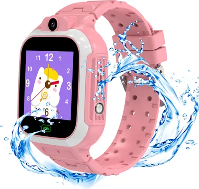 A pink children's smartwatch with a cartoon character on the screen, surrounded by water splashes.