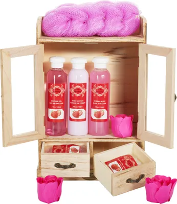 Produktbild von BRUBAKER Cosmetics Bade- und Pflegeset im Holzschrank - Wellness Badeset für Frauen - Damen Geschenkset mit Holz Dekoration, Erdbeeren Duft