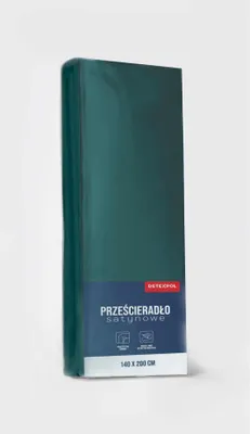 A folded green satin bedsheet is presented upright against a light gray background.
