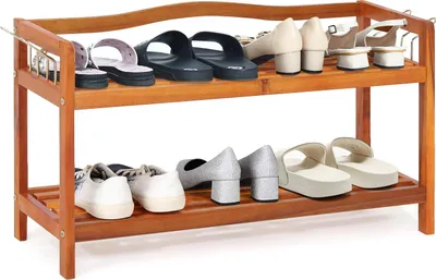 Immagine prodotto di COSTWAY Scarpiera in legno d'acacia, scarpiera con ganci in metallo sul lato, per scarpe fino a 12 paia, ripiano in piedi 74 x 26 cm, 2 livelli