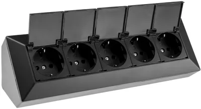 Produktbild von 5-fach Steckdosenblock, schwarz 250V/ 16A, Aufbaumontage mit Klappen