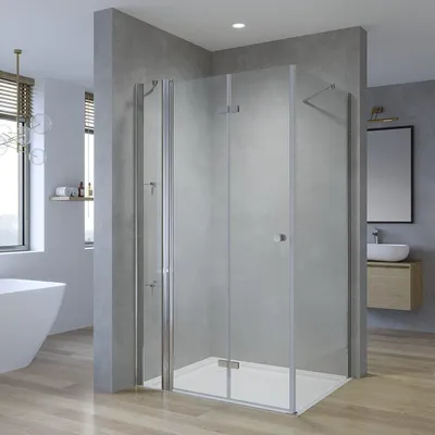 Produktbild von Duschkabine Eckeinstieg Duschabtrennung 140x70 cm Eckdusche mit Duschtür Falttür an Festteil und Seitenwand aus durchsichtigem 5 mm ESG Sicherheitsglas Höhe 187 cm