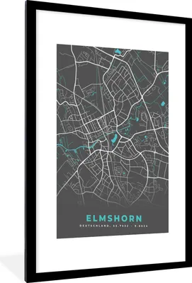 Produktbild von MuchoWow® Gerahmtes Poster Stadtplan - Elmshorn - Deutschland - Karte 60x90 cm - Poster mit Schwarzem Bilderrahmen Wandposter Rahmen Foto Bilder - Dekoration - Wandposter Wohnzimmer - Hochwertig