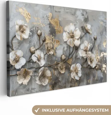 Produktbild von MuchoWow® - Leinwandbilder - Blumen - Weiß - Grau - Gold - Luxus, Wandbild, Wanddeko Bilder Wohnzimmer, 120x80 cm