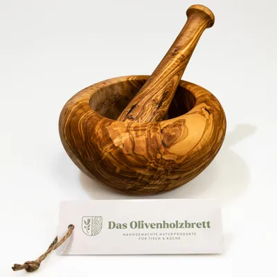 Produktbild von Mörser und Stößel aus Olivenholz mit rundem Rand 16 cm