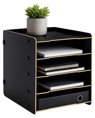 Immagine prodotto di Relaxdays, portadocumenti da scrivania, formato DIN A4, 5 scomparti, dimensioni: 29,5 x 25 x 31,5 cm, materiale: MDF, sistema ad incastro, colore: nero