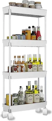Immagine prodotto di Carrello da cucina a 4 ripiani, alto 85 cm, carrello da cucina compatto con ripiani per bagno e cucina, ideale per ufficio, bagno e cucina, bianco