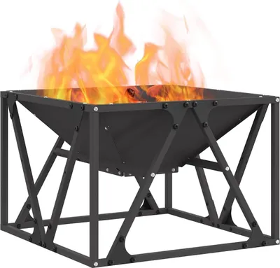 A black metal fire pit with flames burning inside, set against a white background.
