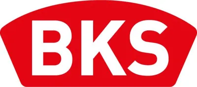A logo with text on a red background.