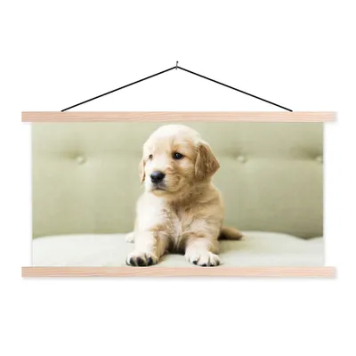 Produktbild von MuchoWow® Textilposter Golden Retriever Welpe auf dem Sofa liegend 120x60 cm mit holzfarbenen Rahmen - Klemmleiste