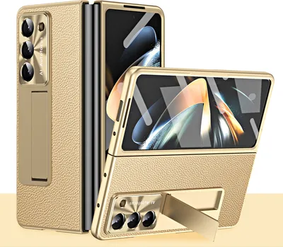 Produktbild von Hülle für Samsung Galaxy Z Fold 5 Litschi Hart PC Stander Schutzhülle mit Displayschutz / Linsenschutz Gold