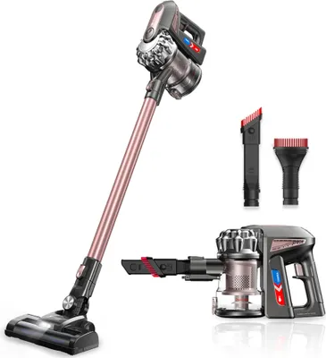 A cordless vacuum cleaner and its accessories displayed on a white background.