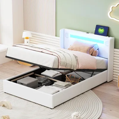 Produktbild von Fortuna Lai Polsterbett Kinderbett 90x200 Bett mit LED-Lichtleiste, Bluetooth-Player und USB-Aufladung, Kunstleder-Aufbewahrungsbett, Hochbettkasten, Jugendbett mit Lattenrost