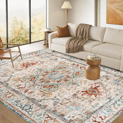 Produktbild von Waschbarer Kurzflor Teppich Beige 160x230 cm, Antirutsch, für Wohnzimmer