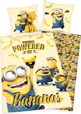 A collage of Minions characters and bananas, likely advertising bedding.