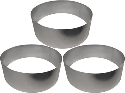 Three metal rings are arranged in a triangular formation on a white background.