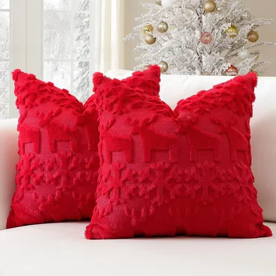Produktbild von 2er Set Kissenbezüge Wolle Plüsch Rot 45x45cm Schneeflocken Elch