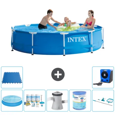 Produktbild von Intex-Schwimmbecken mit rundem Rahmen – 305 x 76 cm – Blau – im Lieferumfang enthalten Sonnensegel - Wartungspaket - Filterpumpe für Schwimmbad - Filter - Reinigungskit - Bodenfliesen
