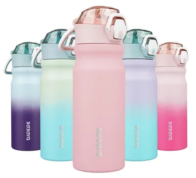 Image de Bouteille d'eau isotherme avec paille, capacité de 530 ml, en acier inoxydable, étanche, idéale pour le sport et l'école
