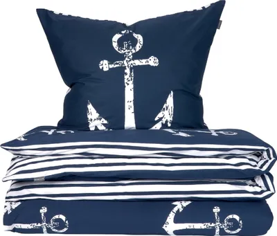 Produktbild von Schiesser Bettwäscheset Marina | 2-teilig | Maritim | Renforcé | 100 % Baumwolle | Reißverschluss | 135x200cm + 80x80cm | Dunkelblau