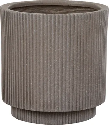 A taupe-colored, ribbed planter pot with a tiered base, shown against a white background.