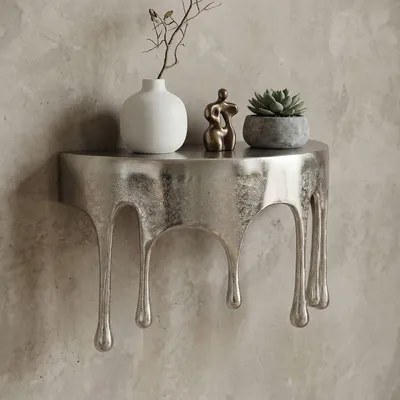 Zdjęcie produktu dla WOHNLING Półka ścienna 60 cm, aluminium w kolorze srebrnym, wzór kropli – oryginalna półka wisząca z metalu, półka wisząca „Drops”, nowoczesna półka ścienna z aluminium, półka dekoracyjna, wykonana ręcznie