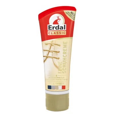 A tube of shoe cream with a red cap and a beige body, showing a graphic of shoe laces.