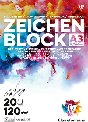 Produktbild von Clairefontaine Zeichenblock A3 weiß 120g 20 Blatt 10 Stück
