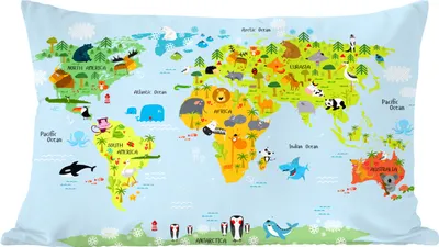 Produktbild von MuchoWow® Zierkissen Sofakissen Wohnzimmer Dekokissen 50x30 cm Weltkarte - Kinder - Tiere - Natur - Jungen - Mädchen - Wohnzimmerdekoration - Polster mit Photo