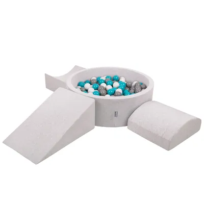 Obrázok produktu pre KiddyMoon Mäkké penové ihrisko pre deti s guľatým loptičkovým ihriskom (200 ∅ 7 cm) s mäkkými prekážkami a loptičkovým bazénom,  vyrobené v EÚ, Svetlo sivá:Grey/Biela/Tyrkysová, Verzia 4