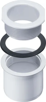 An exploded view of a white PVC drain fitting with a black gasket.