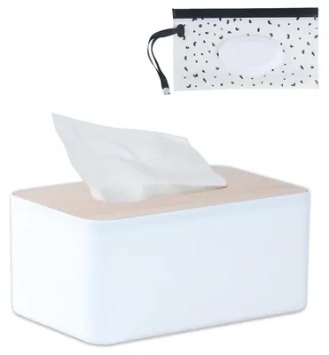 Zdjęcie produktu dla Pudełko na chusteczki, plastikowe z drewnianą pokrywą, białe, wymiary: 21,5 x 13 x 10 cm, możliwość uzupełniania