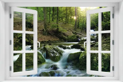 Produktbild von Wallario Wandbild aus Acryl, 60 x 90 cm, freischwebende Optik - Fließender Bach im Wald bei Sonnenuntergang mit Fenster-Illusion