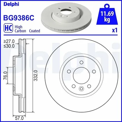 Produktbild von 2x DELPHI Bremsscheibe BG9386C 57mm 332mm