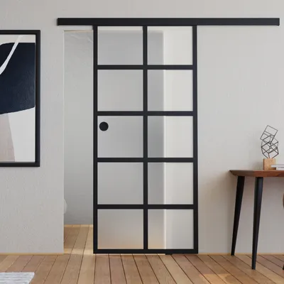 Produktbild von Loft Glasschiebetür Komplettset Milchglas 935x2058 inkl. Softstop und Muschelgriff schwarz matt ESG-Sicherheitsglas Schiebetür Glas Set satiniert