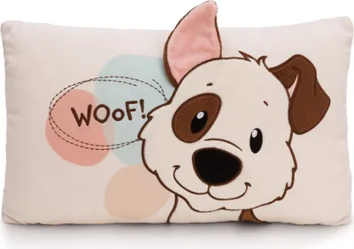 A close-up of a plush pillow featuring a cartoon dog with the word "WOOF!" in a speech bubble.