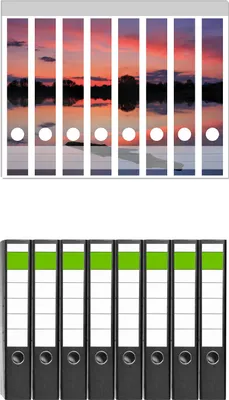 Produktbild von Wallario 8 Stück schmale Ordner inkl. Klebeetiketten mit Motive Abendhimmel über einem See -  Set mit Rückenschildern / Ordnerrücken Stickern
