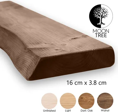 A wooden shelf with a live edge, shown in a studio setting with color swatches and branding.