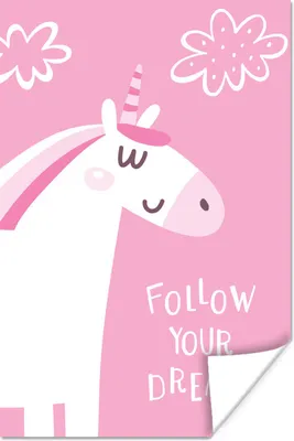 Produktbild von MuchoWow® Poster Illustration eines Einhorns und des Zitats "Folge deinen Träumen". 120x180 cm - Kunstposter