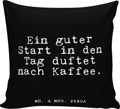 Produktbild von Mr. & Mrs. Panda Dekokissen Ein guter Start in... - Schwarz - Geschenk, Glizer Spruch Sprüche Weisheiten Zitate Lustig Weisheit Worte, Kaffee, Büro, zier kissen, Lounge