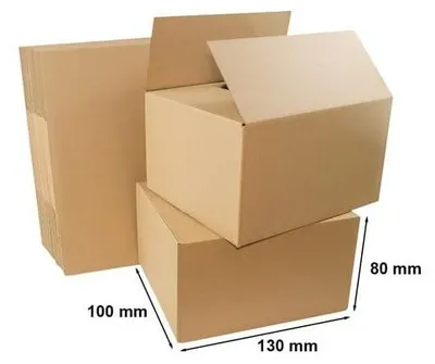 A stack of cardboard boxes with dimensions indicated by measurement lines.