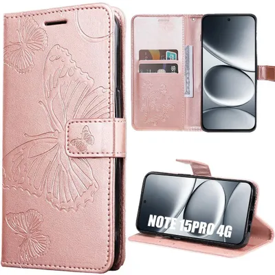 Image de Coque pour Xiaomi Redmi Note 15 Pro 4G, Antichoc Anti-Rayures Cuir Synthétique Rose Motif Papillon