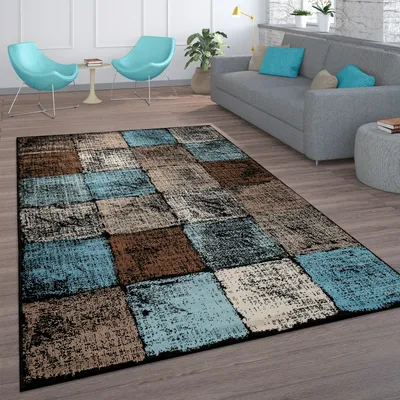 Image de Tapis de salon vintage à poils courts Motifs marocains Losange Turquoise Marron Dimensions 70 x 250 cm