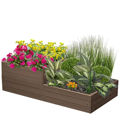 Zdjęcie produktu dla Podwójne łóżko ogrodowe, podniesione łóżko, imitacja drewna, brązowe, 149,2x75x6x50 cm - idealne do sadzenia kwiatów, uprawy roślin i ziół