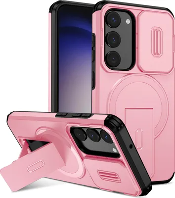 Obrázek produktu pro Magnetické pouzdro pro Samsung Galaxy S23, dvouvrstvé odolné pouzdro s posuvnou ochranou fotoaparátu a nastavitelným stojánkem Růžová